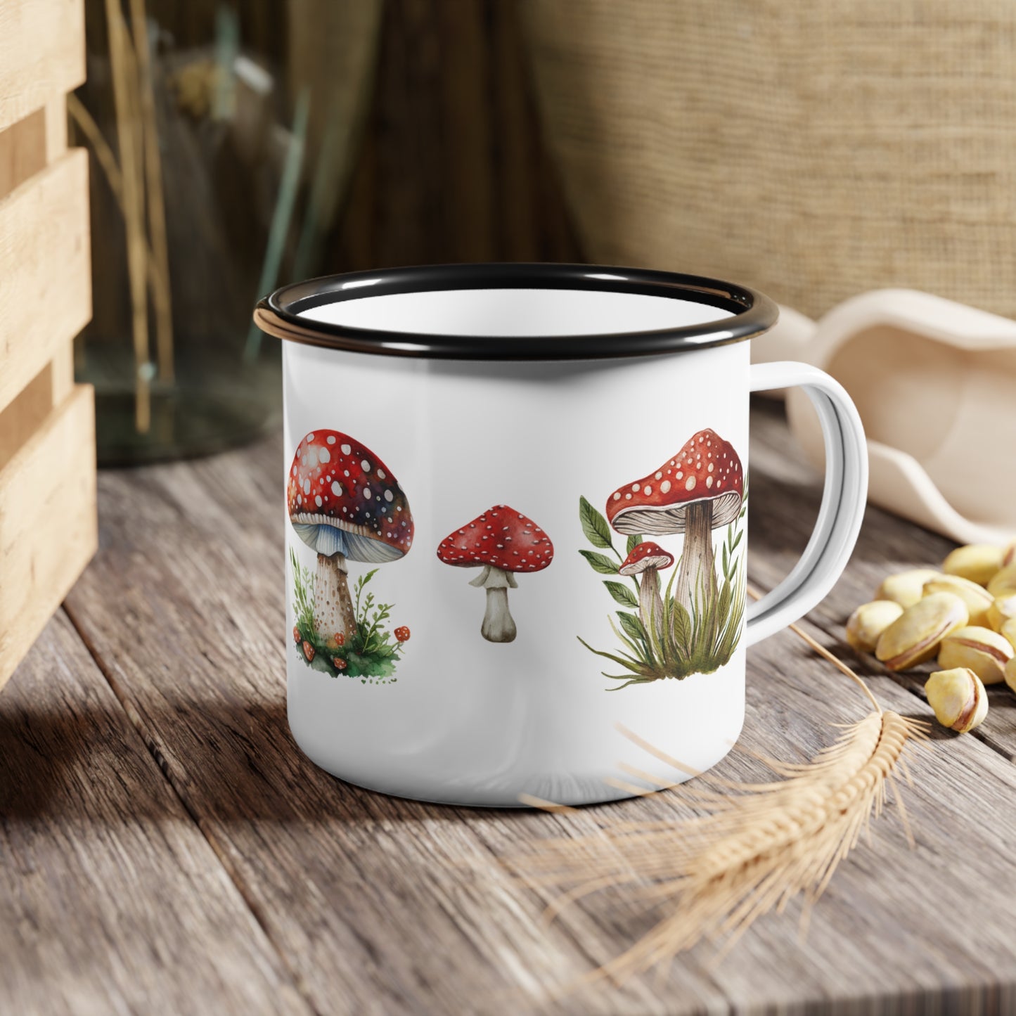 Enamel Camp Cup — Watercolor Red Mushroom Camping Mug