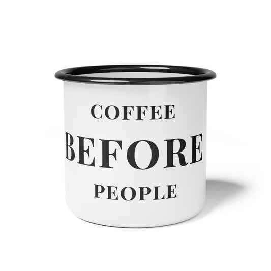 Enamel Camp Cup – "Coffee Before People" Retro Metal Coffee Mug for Camping & Gifts