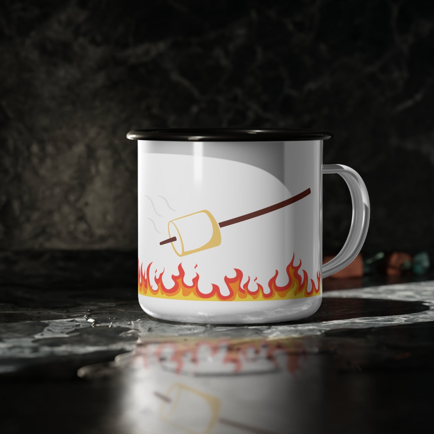 Roasting Marshmallow Enamel Camp Cup | Flame Border Campfire Design