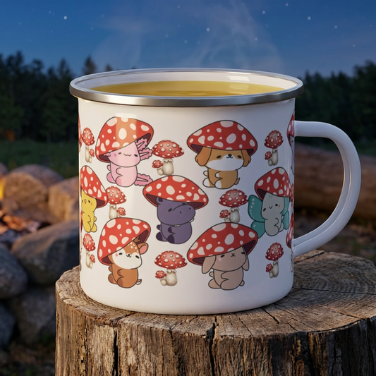 Cute Mushroom Camping Mug — Enamel Travel Cup with Kawaii Toadstool Animals