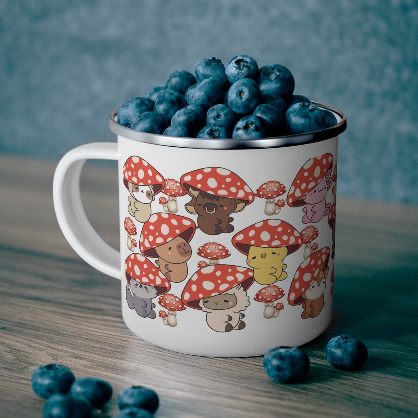 Cute Mushroom Camping Mug — Enamel Travel Cup with Kawaii Toadstool Animals