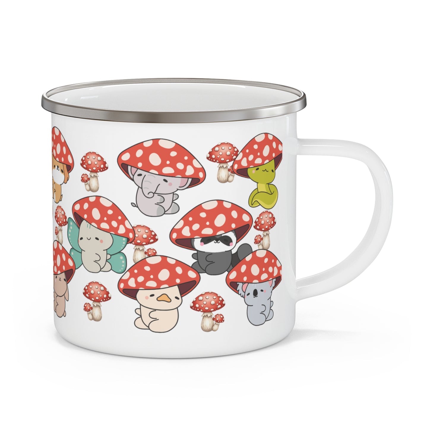 Cute Mushroom Camping Mug — Enamel Travel Cup with Kawaii Toadstool Animals