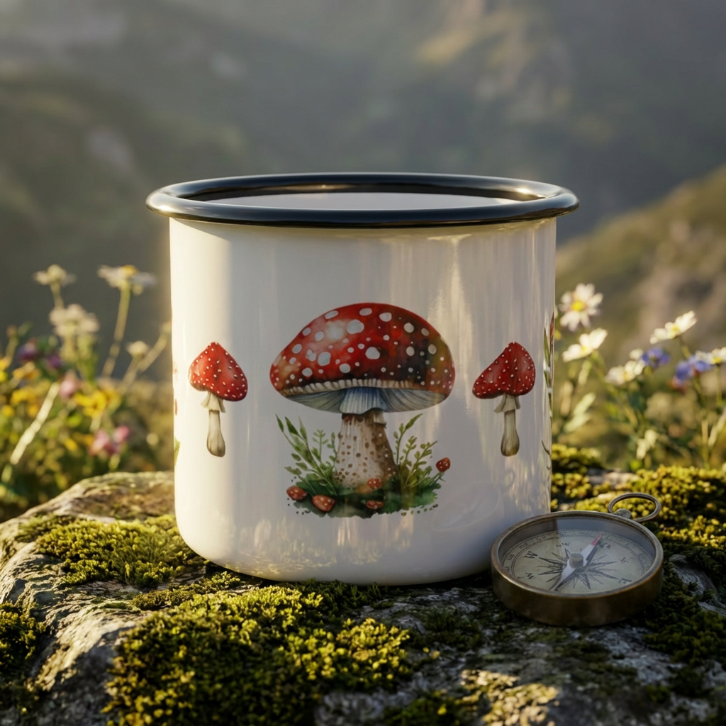 Enamel Camp Cup — Watercolor Red Mushroom Camping Mug