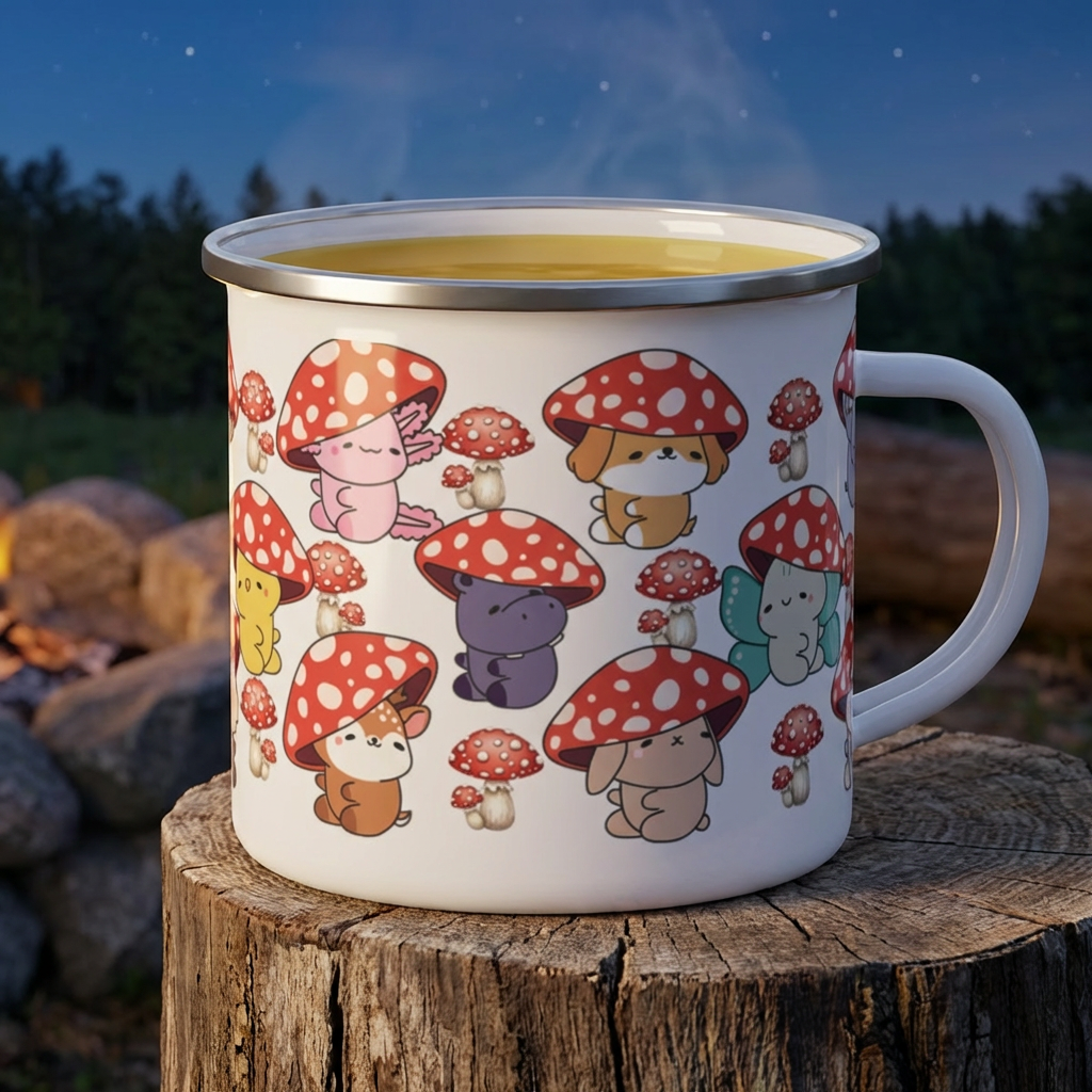 Cute Mushroom Camping Mug — Enamel Travel Cup with Kawaii Toadstool Animals