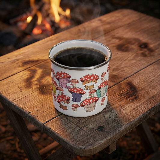 Cute Mushroom Camping Mug — Enamel Travel Cup with Kawaii Toadstool Animals